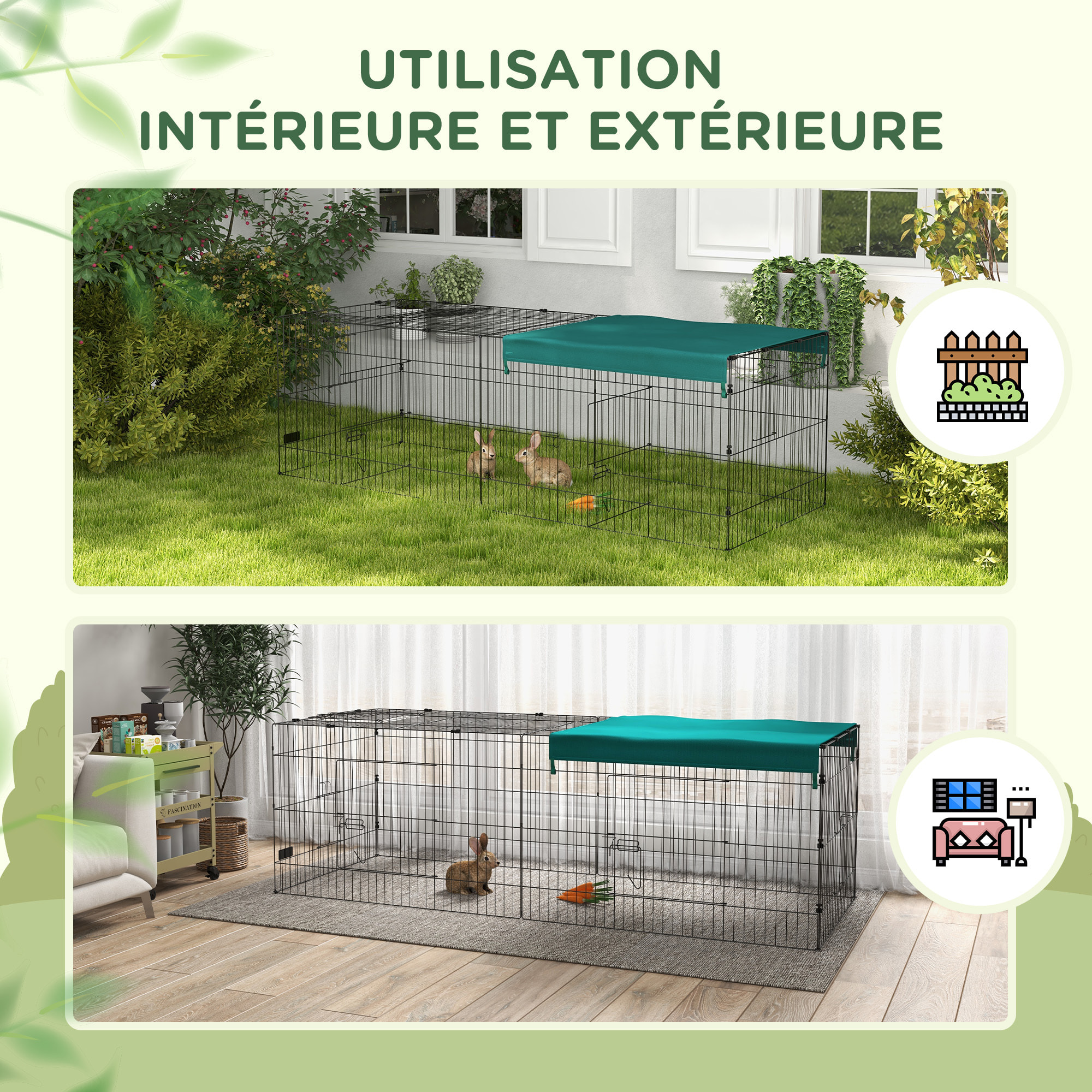 Parc enclos petits animaux - 2 portes, 3 trappes nourrissages, zone couverte - acier noir polyester vert