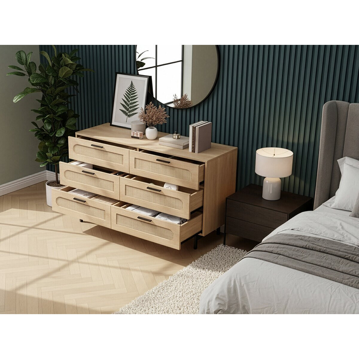 Commode en bois et cannage "Harrison" - 120 x 40 x 75 cm - Beige