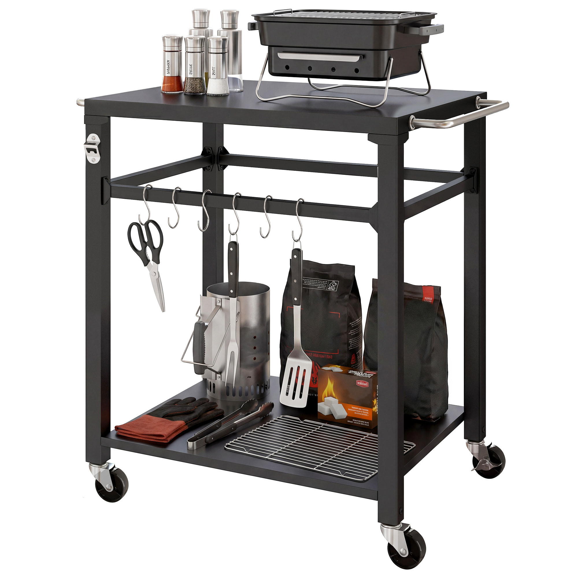 Desserte de jardin métal étagère 6 crochets 2 poignées décapsuleur noir