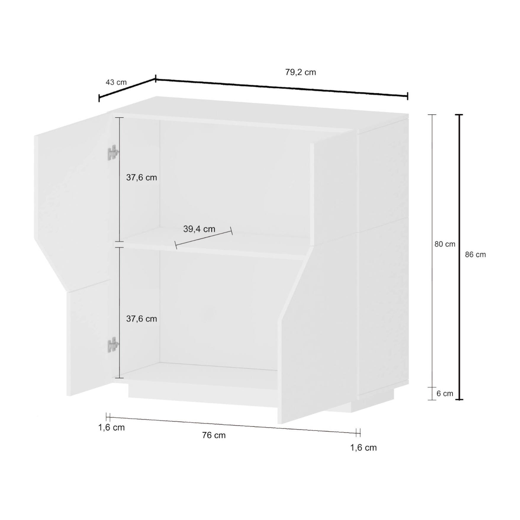 Credenza moderna a 2 ante geometriche, Made in Italy, Madia da cucina, Buffet di design da soggiorno, Cm 79x43h86, Bianco lucido e Acero