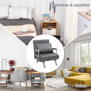 Fauteuil chauffeuse canapé-lit convertible 1 place déhoussable grand confort coussin pieds accoudoirs métal suède gris