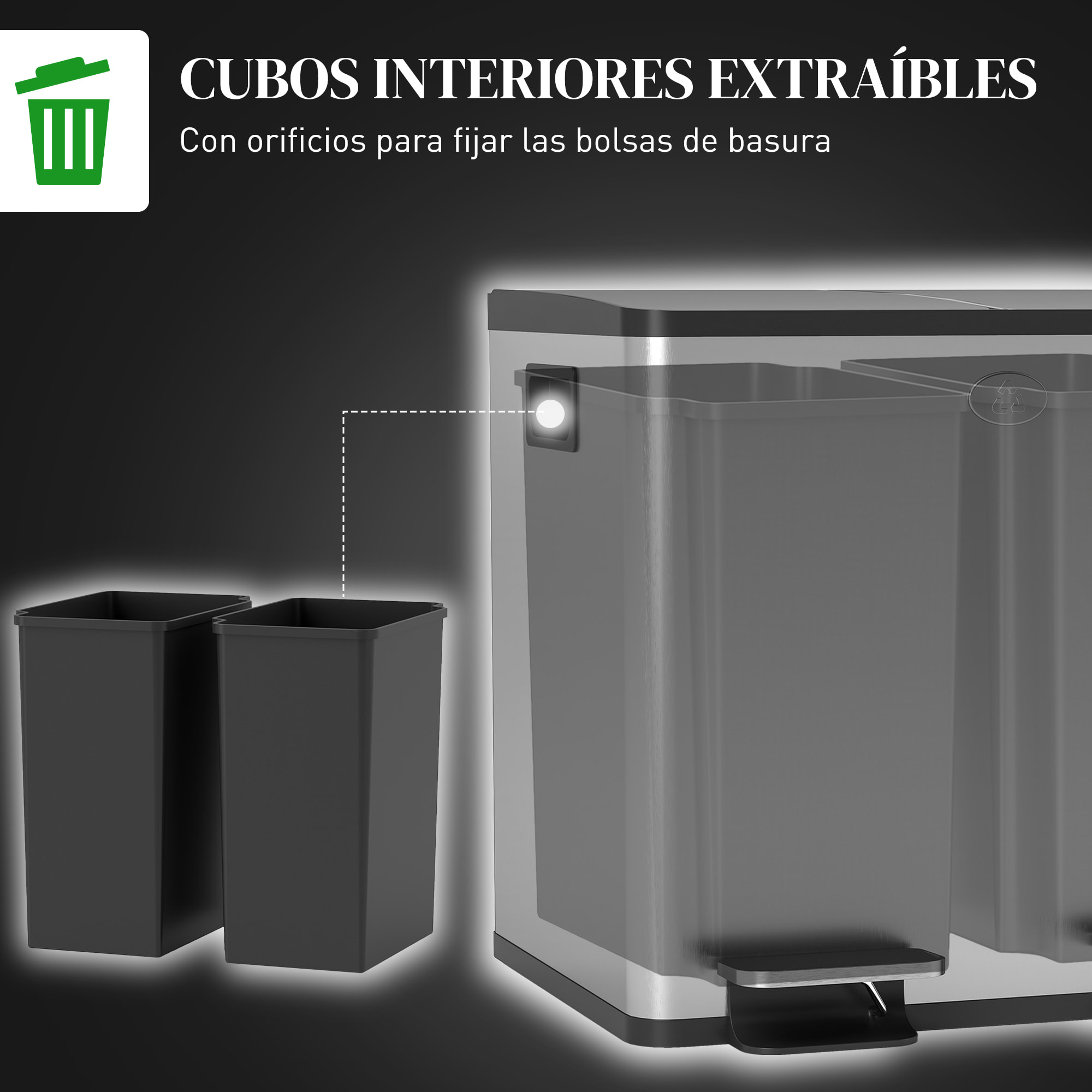 Cubo de Basura de Cocina con 2 Compartimentos 2x15L Papelera de Cocina de Acero Inoxidable con Pedales Tapas de Cierre Suave y Cubo Extraíble para Reciclaje Residuos Restos de Comida Plata