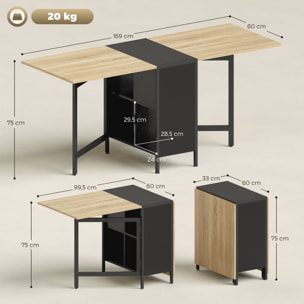 Mesa Plegable de Comedor, Mesa de Cocina Plegable, con Alas Abatibles, 4 Compartimentos, 3 Formas, Hasta 4 Personas, para Salón, Espacio Pequeño, 169x60x75 cm, Natural Oscuro