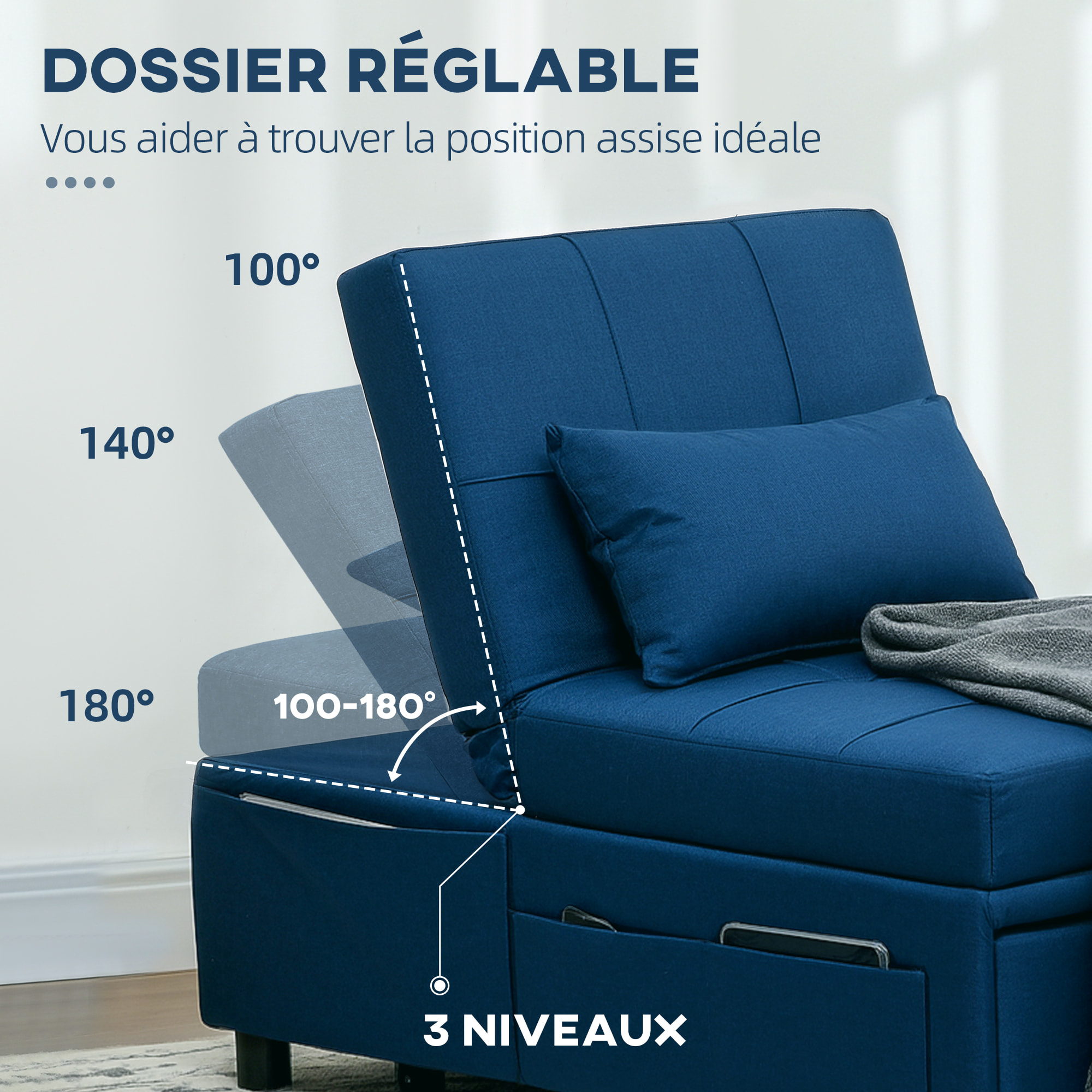 Chauffeuse fauteuil convertible inclinable réglable tissu effet capitonné bleu