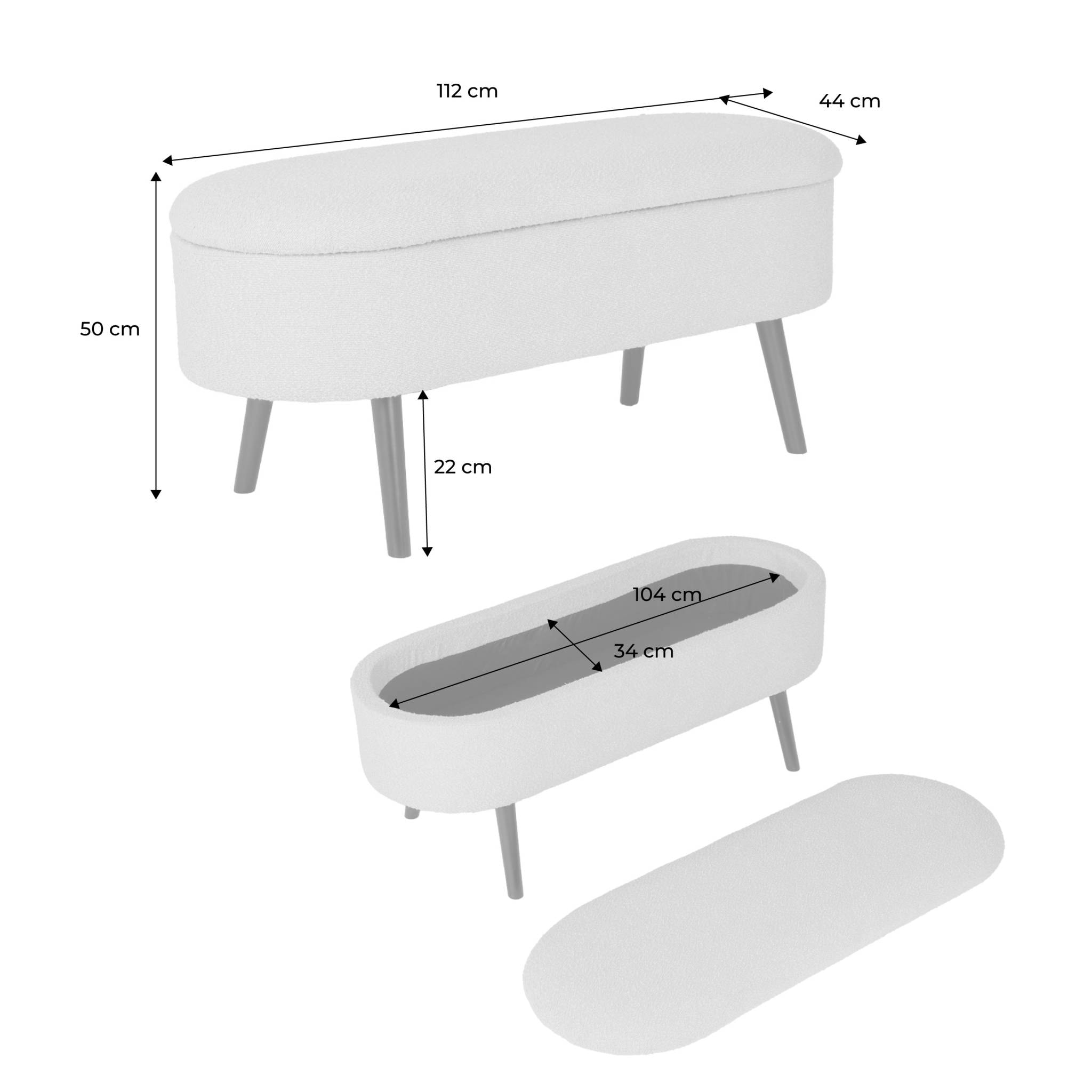 Banc coffre. bout de lit avec revêtement bouclette texturée. kaki. pieds en bois noir. L 112 x 44 x 50cm