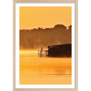 Affiche photo héron sur l'étang blanc Affiche + cadre en bois - Chêne