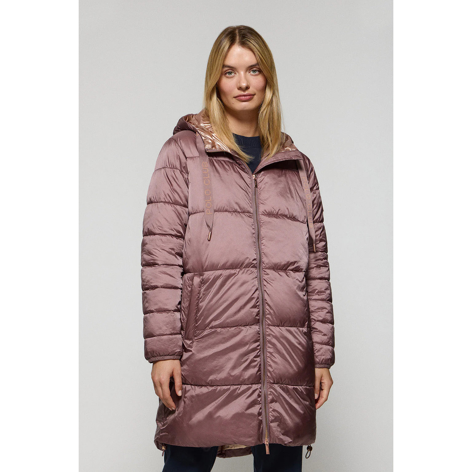 Giacca rosa tortora Rose lunga e trapuntata con cappuccio fisso e particolari Polo Club