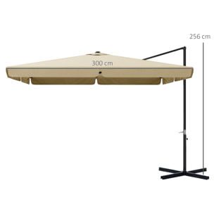 Parasol déporté carré inclinable manivelle avec piètement croix alu beige