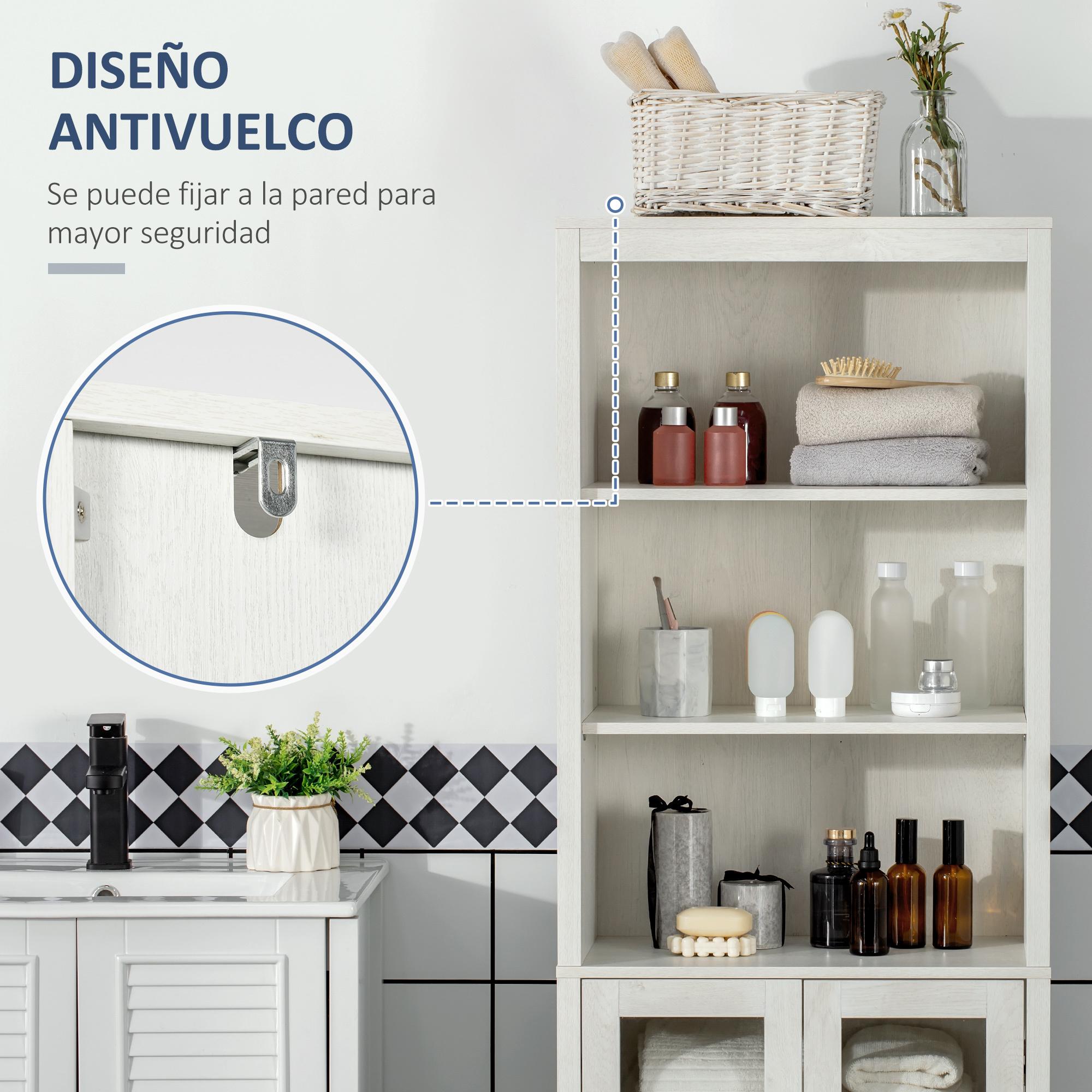 kleankin Armario Alto de Baño con 2 Puertas de Vidrio y 3 Estantes Abiertos Columna Auxiliar de Baño para Salón Aseo Dormitorio Estilo Moderno 53x30x162 cm Blanco