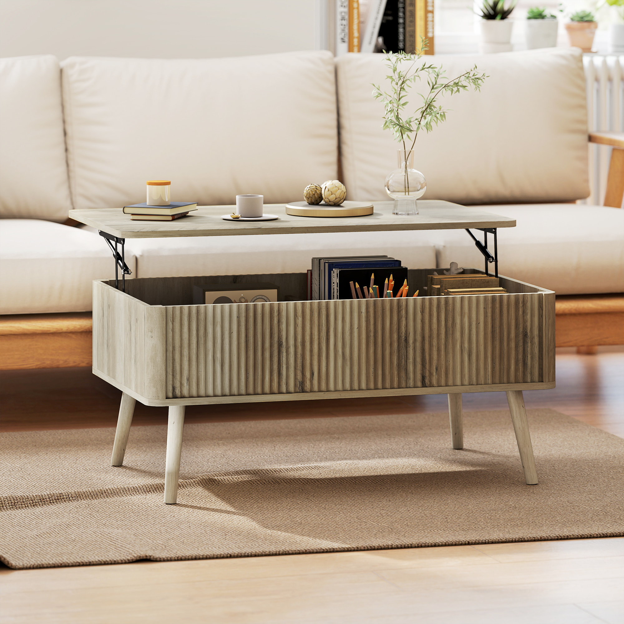 Mesa de Centro Elevable, Mesa de Café para Salón, Comedor, con Compartimentos Ocultos de Almacenaje y Patas de Pino, 91x56-80,5x43-57,5 cm, Roble