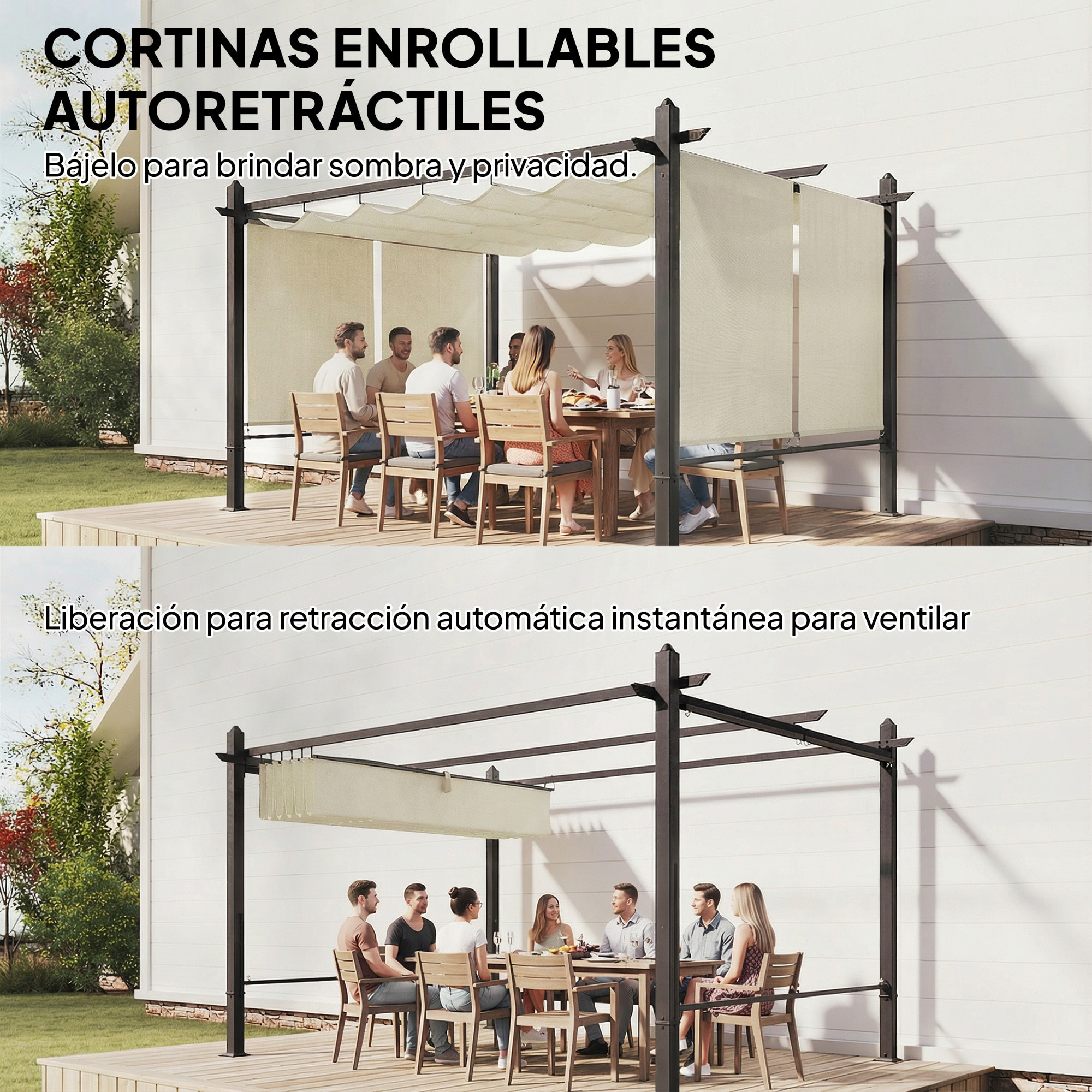 Pérgola de Jardín 4x3 m con Techo Retráctil y 4 Cortinas Enrollables Automáticas, Cenador de Jardín con Protección UV50+, Estructura de Aluminio, Drenaje, Pabellón para Exterior, Crema