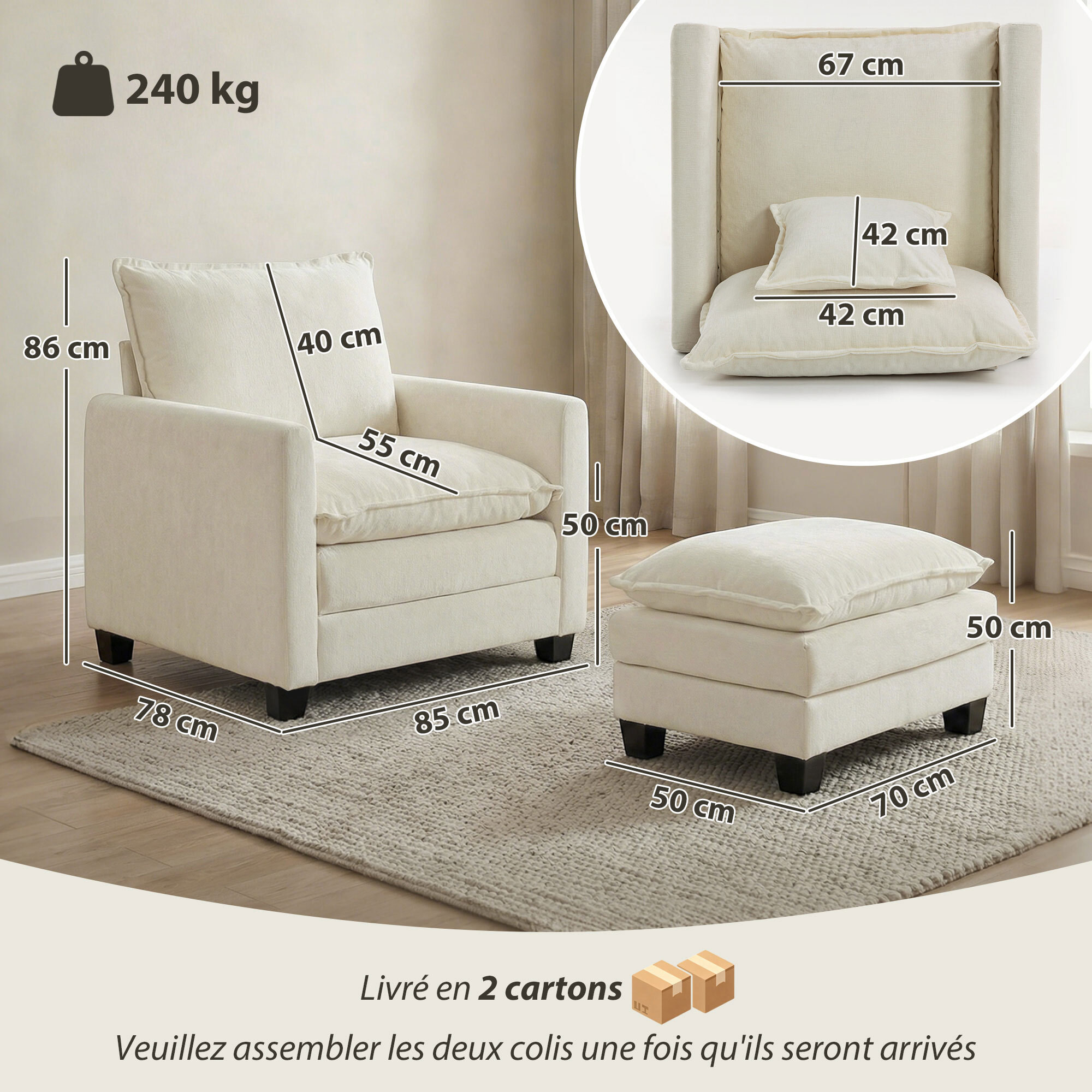 Fauteuil salon avec repose-pieds grand confort tissu chenille crème