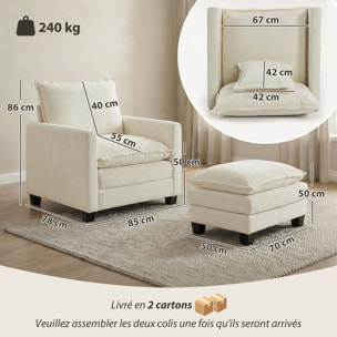 Fauteuil salon avec repose-pieds grand confort tissu chenille crème