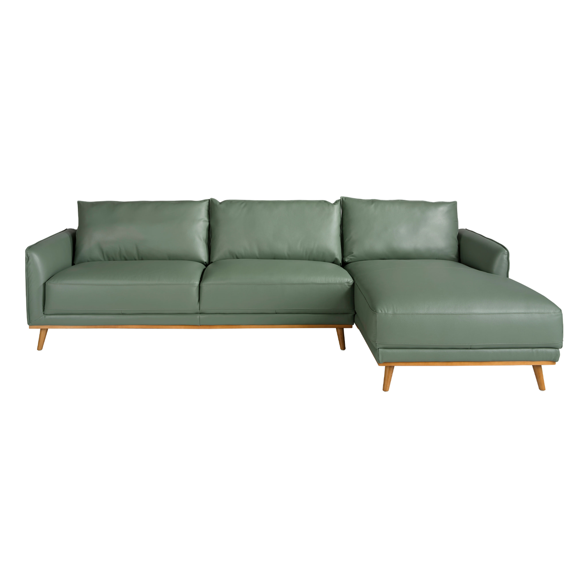 Sofá chaise longue derecha de 5 plazas tapizado en piel de origen vacuno en verde patas de madera en miel 295x160x90cm