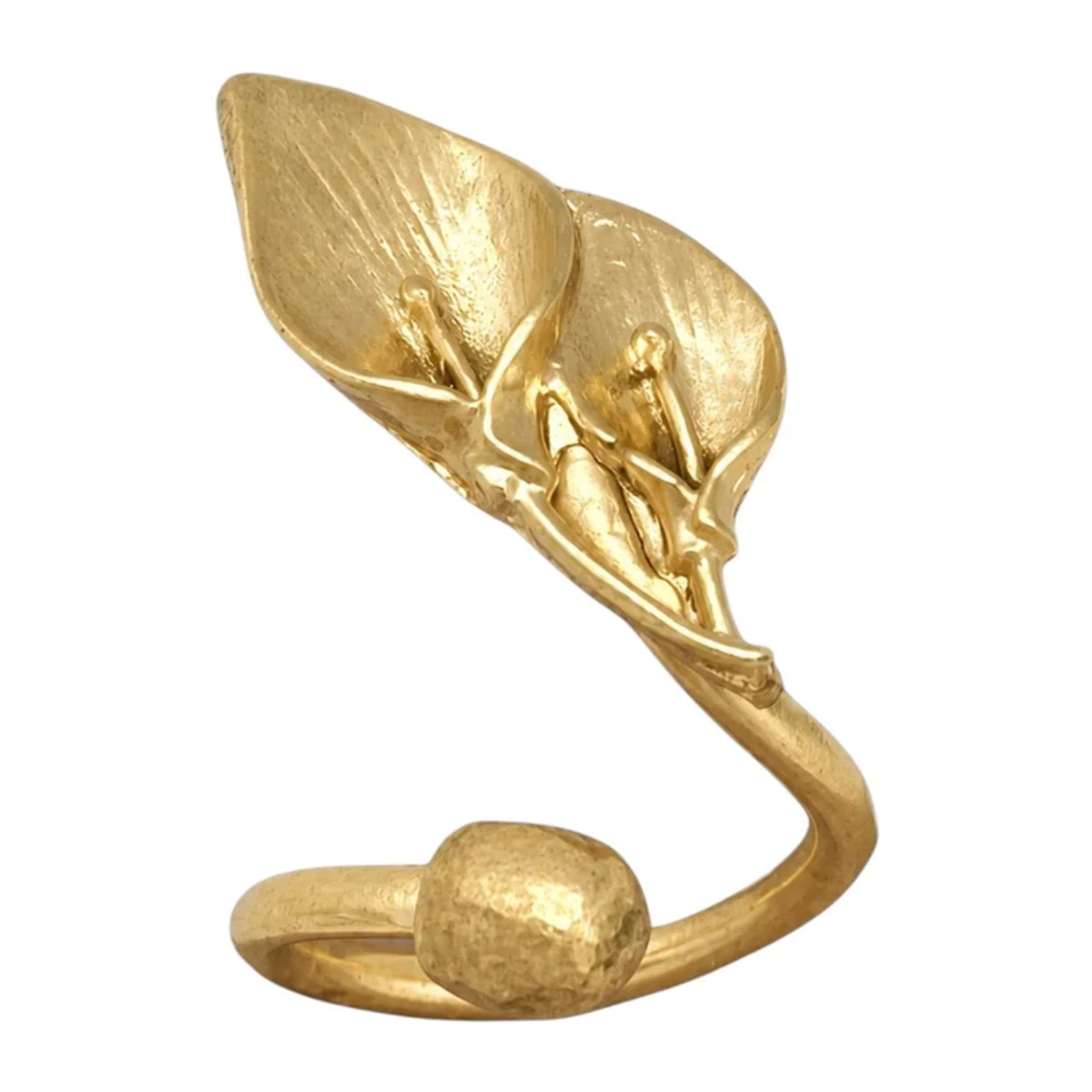 Anillo "Gloria Mago" flor cala y bola chapado ajustable en dorado