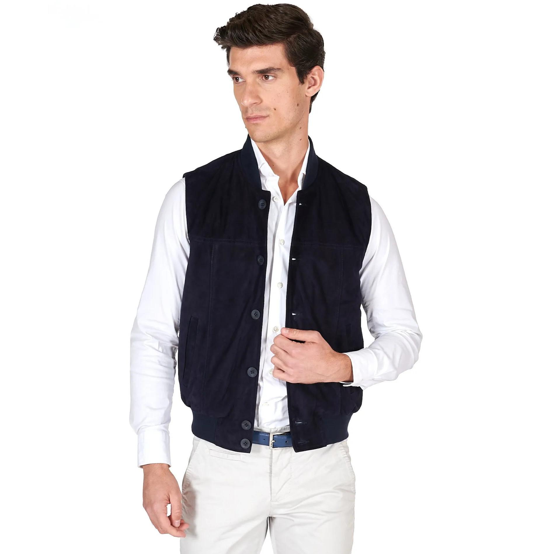 Gilet in pelle camoscio blu con bottoni