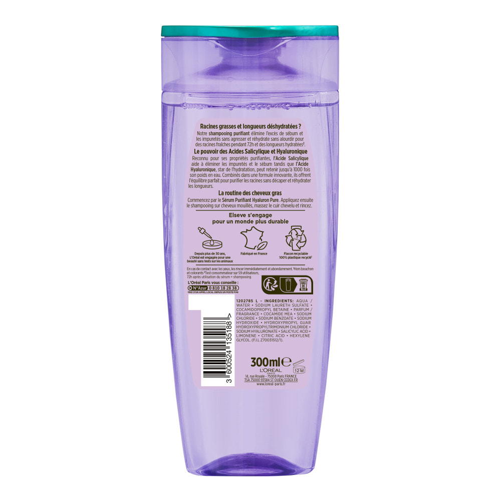 Lot de 12 - L'Oréal Paris Elseve Hyaluron Pure Shampooing Purifiant 72H 300ml