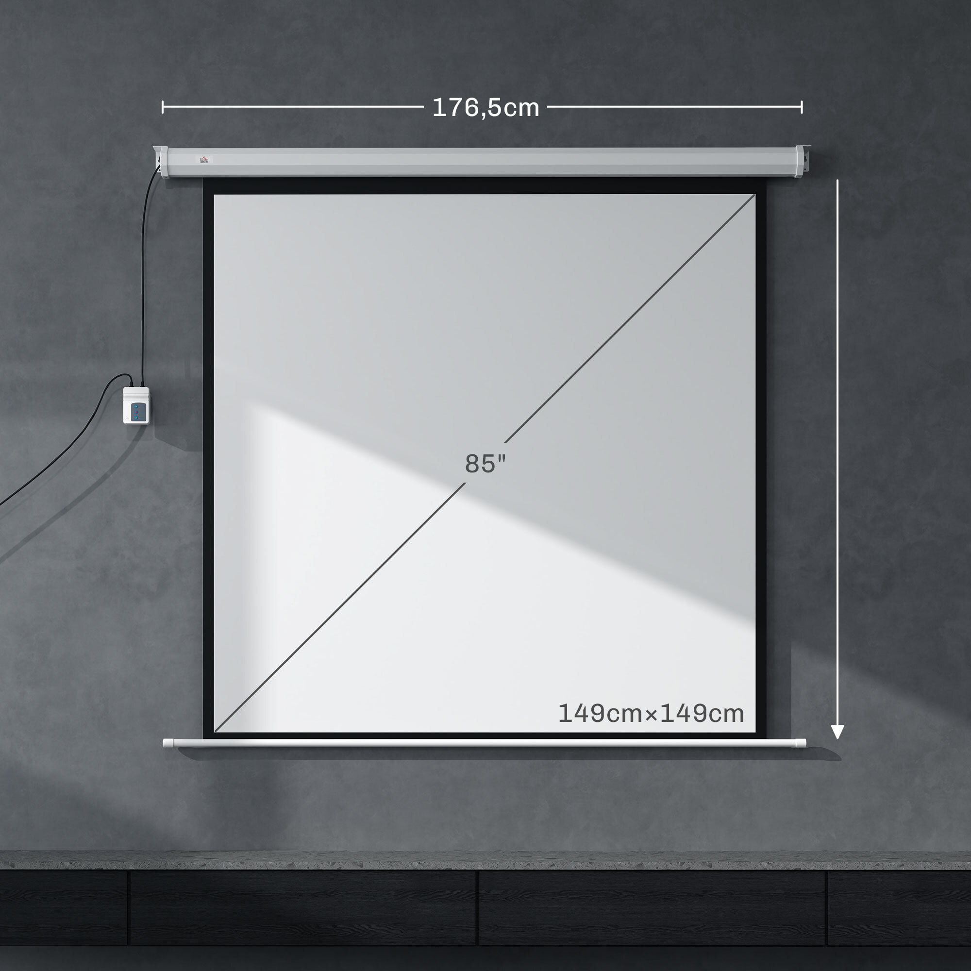 Écran de projection motorisé home-cinéma format 1:1 85 pouces 4K HD avec télécommande blanc noir