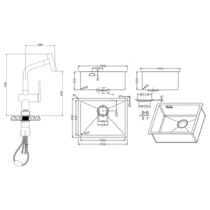 Timeless 55x45x21 cm évier sous plan en inox 304 + mitigeur inox avec douchette extractible, cuivre brossé (TMLKSU-5545BCP-M1)