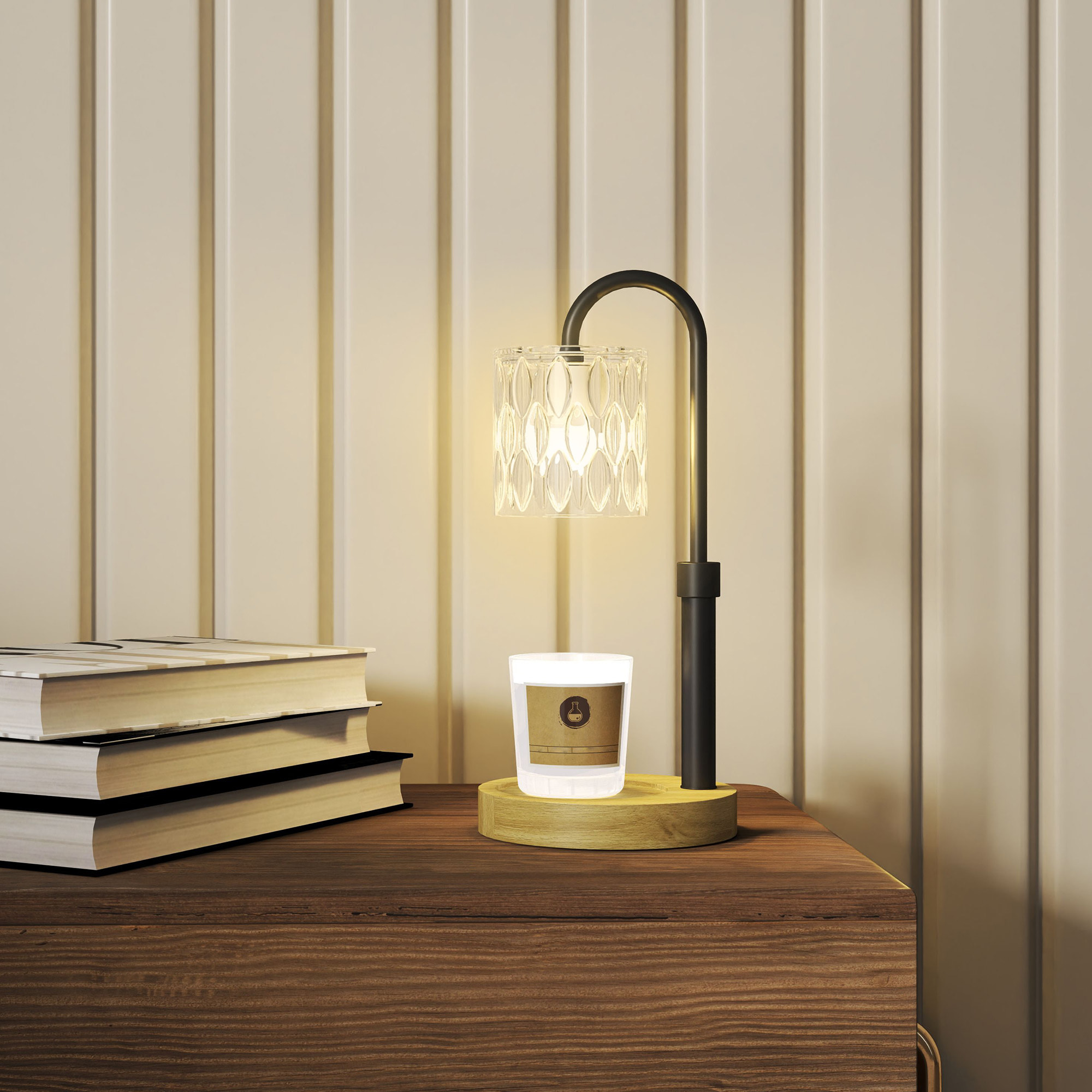 Lámpara de Mesita de Noche Lámpara Calefactora de Velas con Base de Madera Pantalla de Vidrio y Varilla Lámpara de Mesa para Dormitorio Salón Ø15x32,5 cm Multicolor