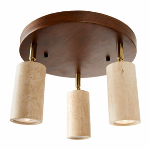Luminaire rond avec 3 spots orientables en travertin et effet bois TIVOLI