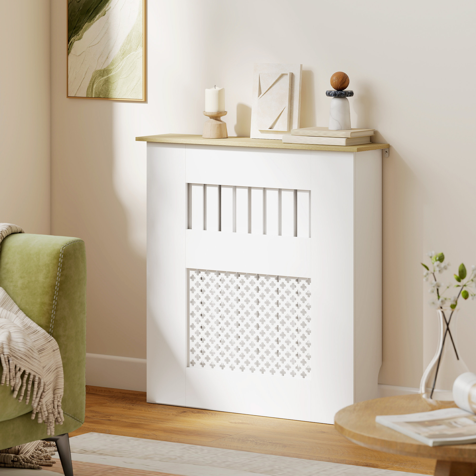 Cubre Radiadores, Cubreradiador de MDF, 78x19x81 cm, Cubierta para Radiador, Diseño Moderno de Listones y Nido de Abeja, para Salón, Dormitorio, Blanco