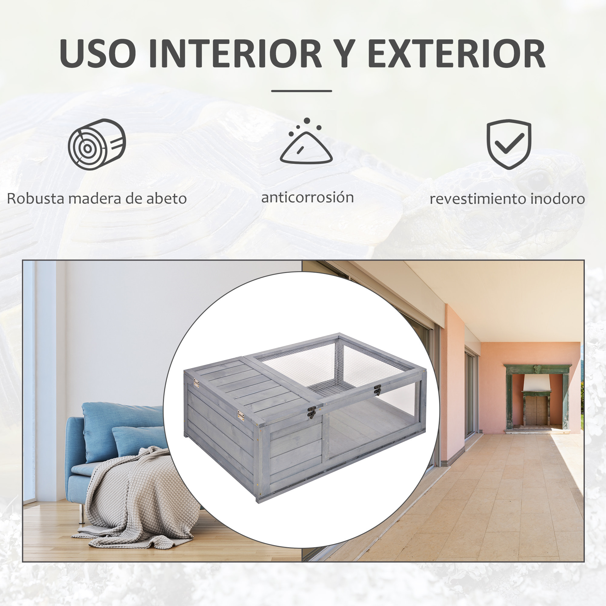 Casa para Tortugas de Madera Terrario para Reptiles con Techo de Malla Paneles Laterales Transparentes Extraíbles y Pestillo de Seguridad Caseta para Tortugas 91x60,5x32 cm Gris