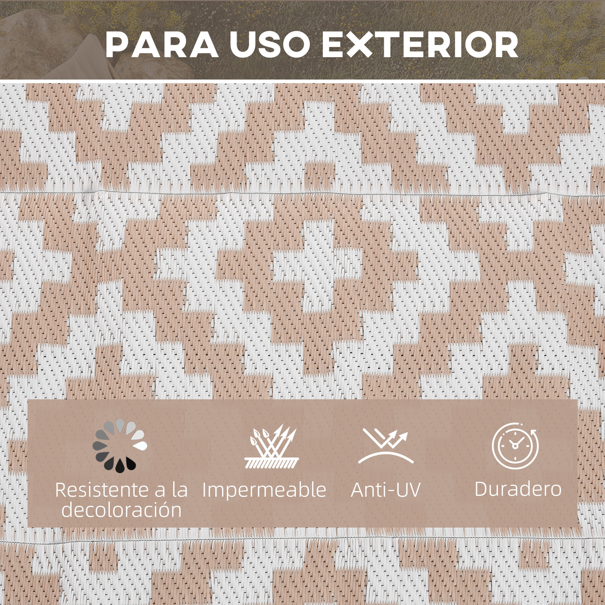 Alfombra de Exterior 182x274 cm Alfombra Reversible con Patrón Geométrico de Rombos Impermeable para Terraza Balcón Patio Camping Playa Blanco y Café
