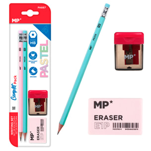 SET DI SCRITTURA: 2 matite HB con gomma, 1 temperamatite con riserva e una gomma da cancellare.