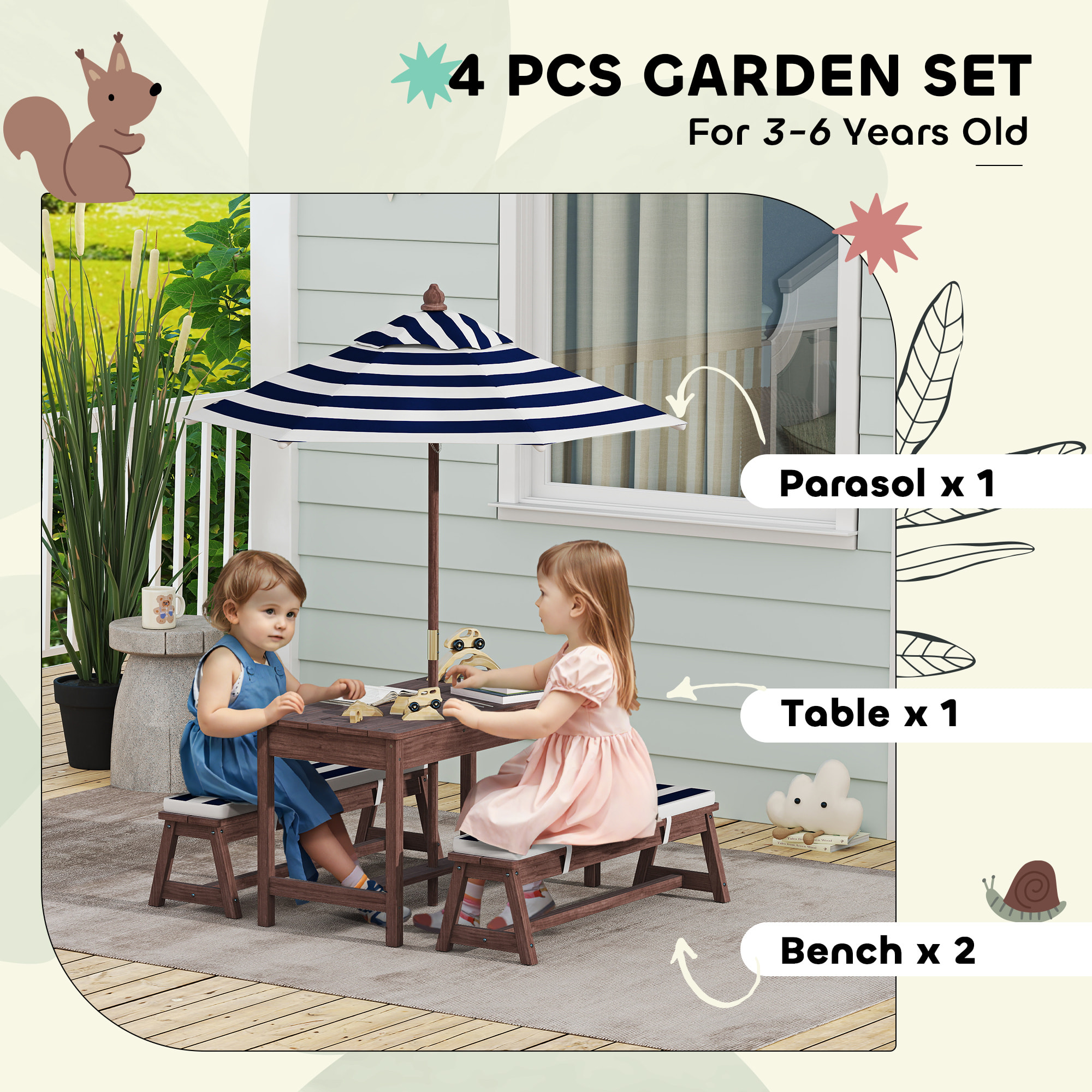 Table pique-nique enfant - ensemble salon de jardin enfant - 2 bancs, coussins et parasol - bois brun