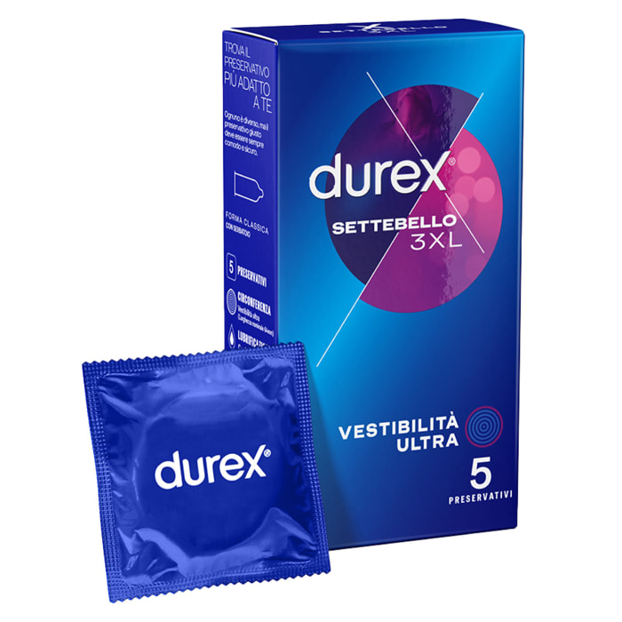 Preservativi Durex Settebello 3XL Extra Large con Forma Classica - Confezione da 5 Profilattici