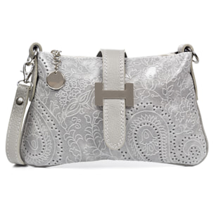 FIRENZE ARTEGIANI Borsa da Donna Allerona.Incisione Arabesco in Vera Pelle Scamosciata. Prodotto in Italia 24x2x14 Cm. Colore: grigio chiaro
