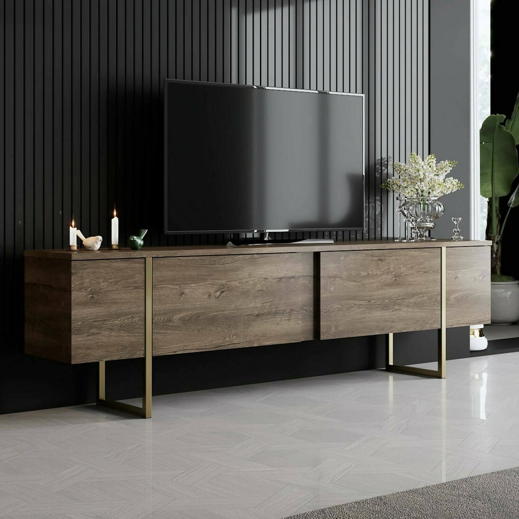 Mobile porta TV Dgridell, Credenza da soggiorno, Armadio basso per TV, Base parete attrezzata, 180x30h50 cm, Noce e Oro