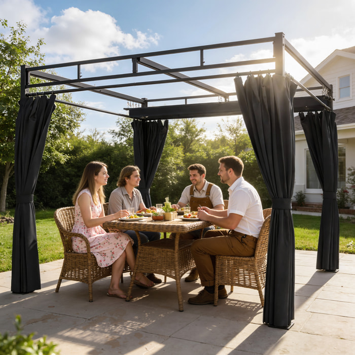 Pérgola de Jardín 3x3 m con Techo Retráctil y 4 Cortinas, Cenador de Jardín con Protección UV30+, Impermeable, Estructura Metálica, Pabellón para Patio, Terraza, Exterior, Gris Oscuro