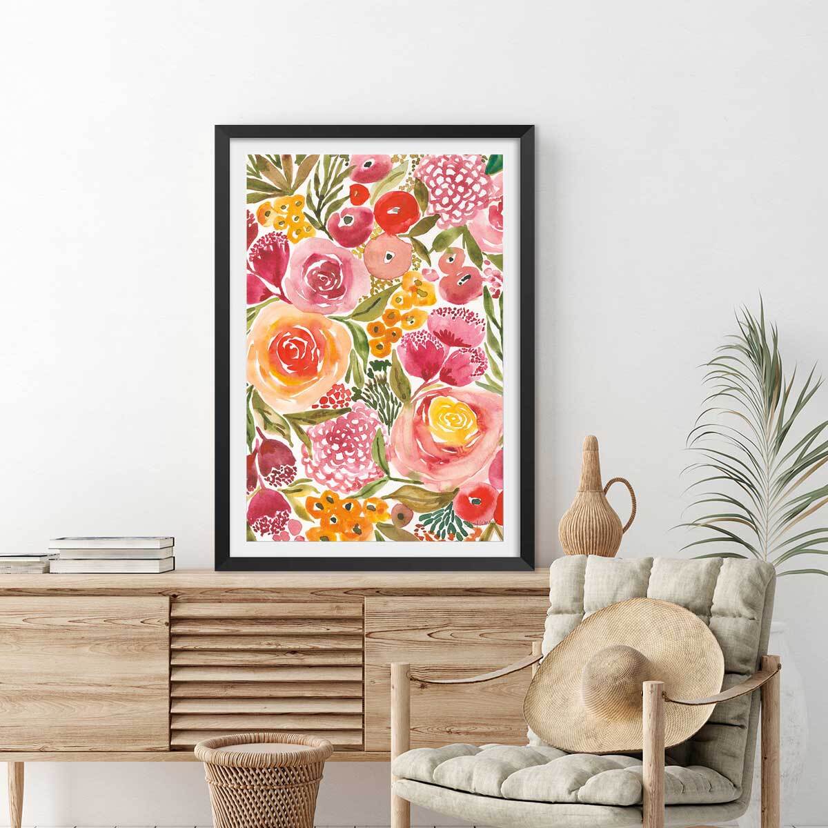Poster fleurs pivoine Affiche + cadre en bois - Noir