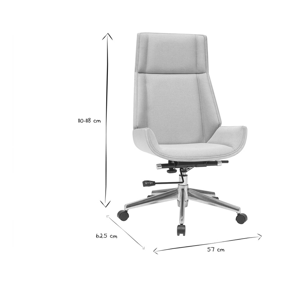 Fauteuil de bureau de direction design en tissu gris clair, bois clair et acier chromé CURVED