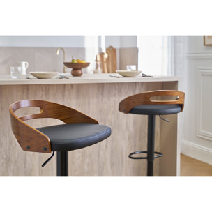 Tabouret de bar réglable design noir et bois noyer MANO