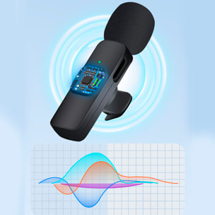 Set di 2 microfoni a clip K9, Plug & Play. Riduzione del rumore, wireless, 2.4GHz. Per iOS e Android.