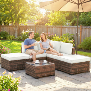 Conjunto de Jardín de Ratán de 6 Piezas, Conjunto Terraza Resistente, Muebles Jardín Exterior Incluye Cojines, 4 Módulos de Asiento, 1 Sofá Esquinero y Mesa Centro de Vidrio, Marrón Mixto