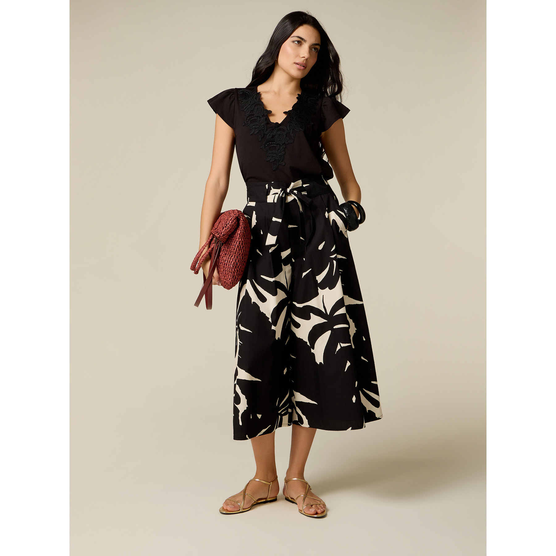 Oltre - Gonna pantalone in popeline fantasia - Nero