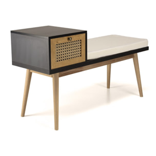 CHARLIE - Banc assise noire 1 tiroir effet cannage marron