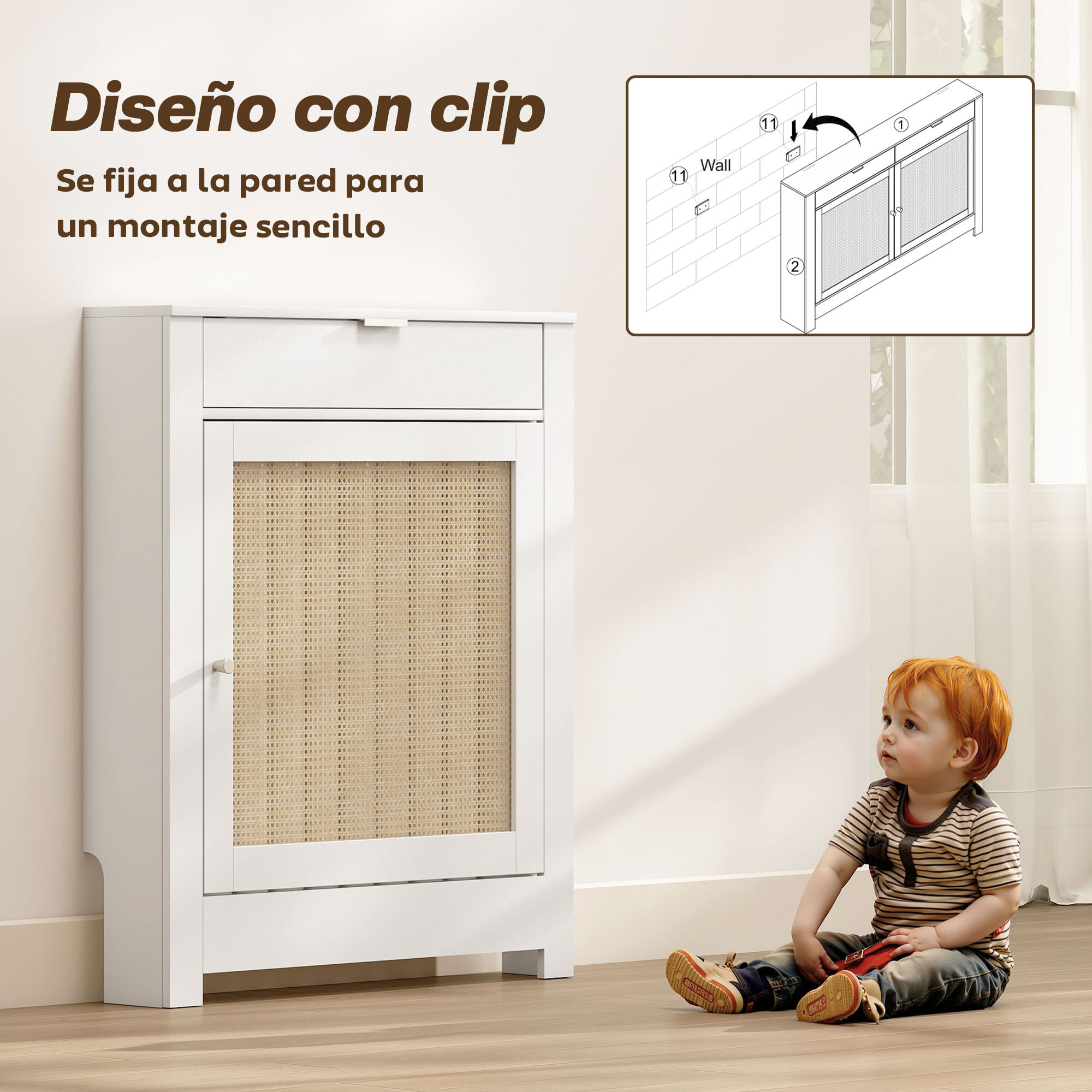 Cubre Radiadores con Puerta Abatible y Ratán, Cubreradiador de MDF, 78x19x95,5 cm, Cubierta para Radiador, Compartimento, Diseño Bohemio, para Salón, Dormitorio, Blanco