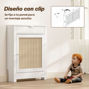 Cubre Radiadores con Puerta Abatible y Ratán, Cubreradiador de MDF, 78x19x95,5 cm, Cubierta para Radiador, Compartimento, Diseño Bohemio, para Salón, Dormitorio, Blanco
