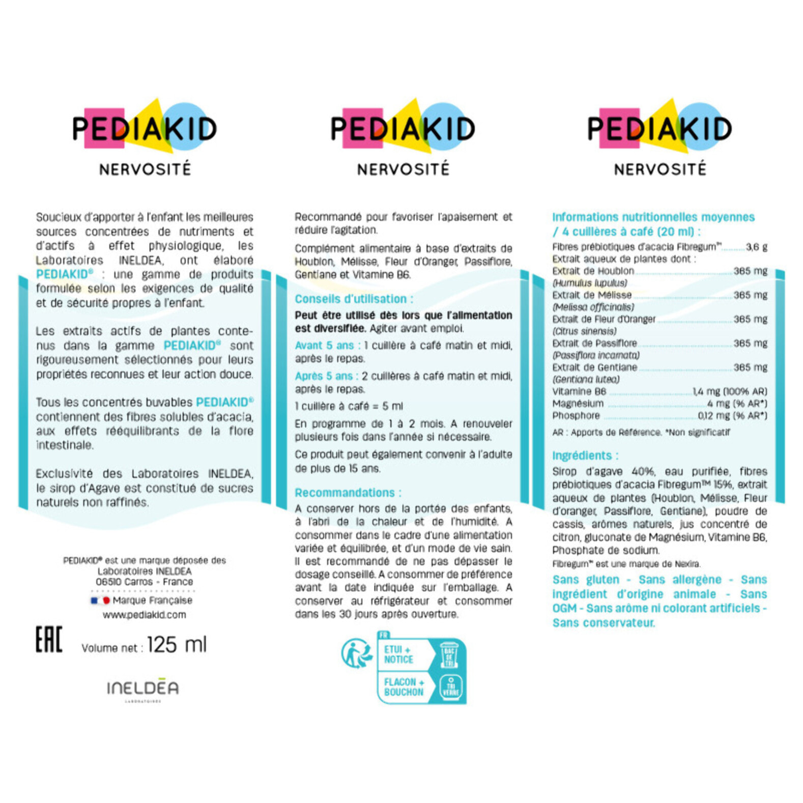 PEDIAKID - Sirop Nervosité -Complément Alimentaire Naturel - Formule Exclusive au Sirop d'Agave - Favorise l'Apaisement - Réduit l'Agitation - Arôme Naturel Cassis - Lot de 3 Flacons de 125 ml