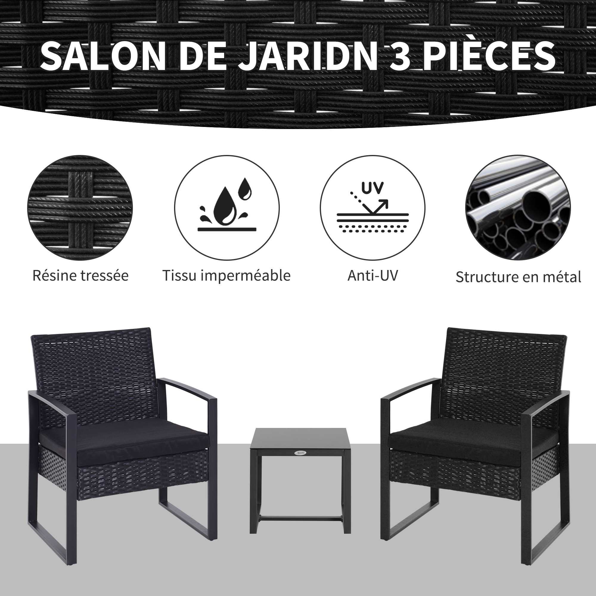 Salon de jardin 2 places avec table basse noir