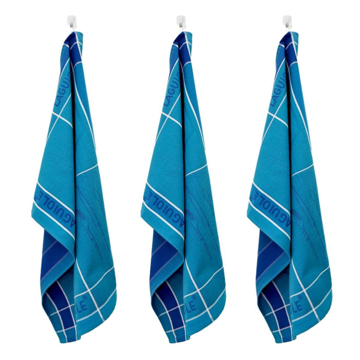 Lot de 3 torchons jacquard 50x70cm bleu -  "Tartan"