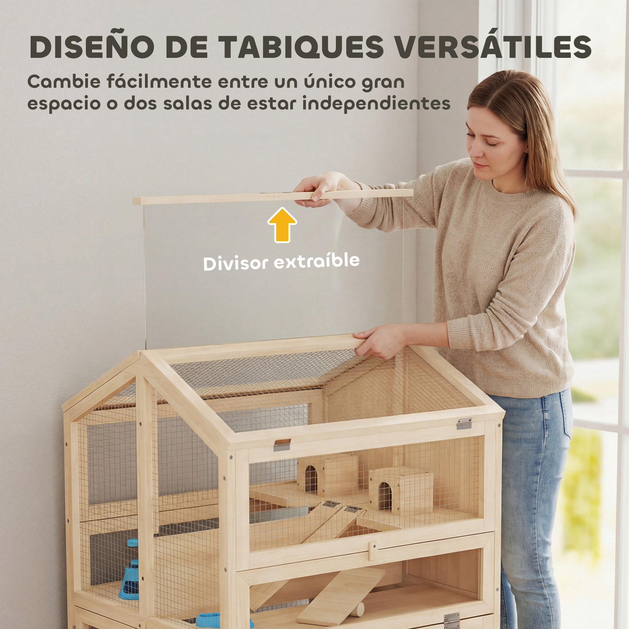 Jaula para Hámster de Madera de 3 Niveles, Casa para Hámster con Bebederos, Casetas, Balancines, Rampas, Bandeja Extraíble y Tapas Abatibles, 68x61,5x90 cm, Natural