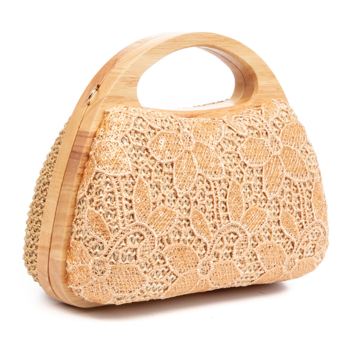 Ausa bolso de mano fabricado en madera natural, con papel trenzado y jute diseño malla de tejido floral