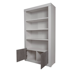 Libreria alta con 4 ripiani e 2 ante, Scaffale per libri e documenti, Libreria portaoggetti da ufficio, cm 105x42h191, colore Bianco e Cemento