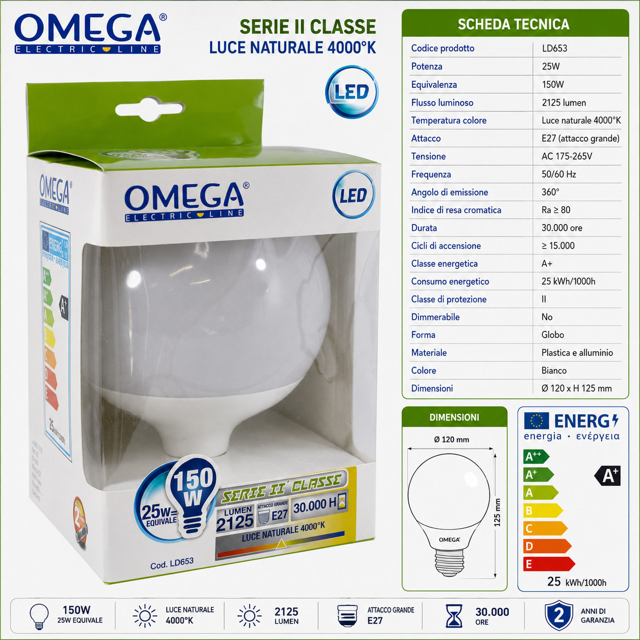 OMEGA Lampada Led Globo Alta Potenza 25W 2125 Lumen E27 4000K